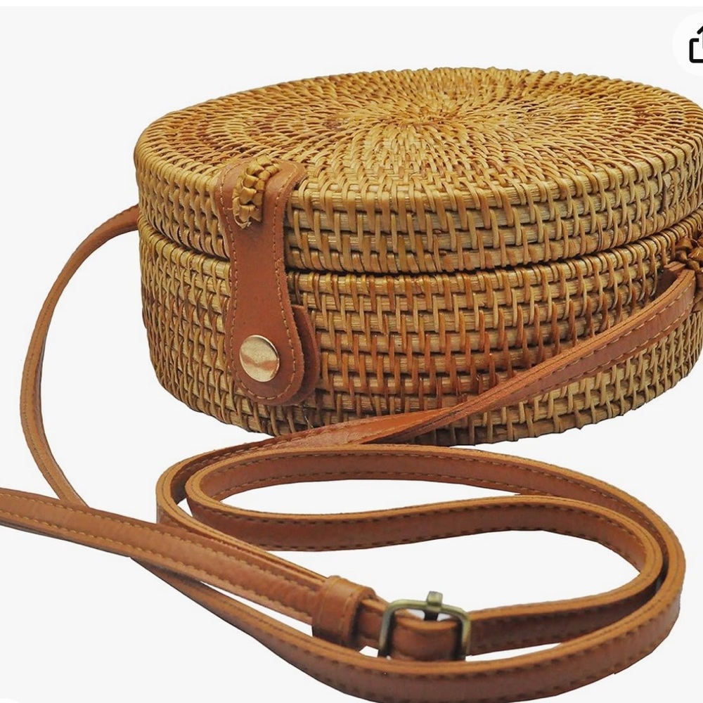 Handwoven Round Rattan Bag - Natural Stylish & Chic Shoulder Leather Strap